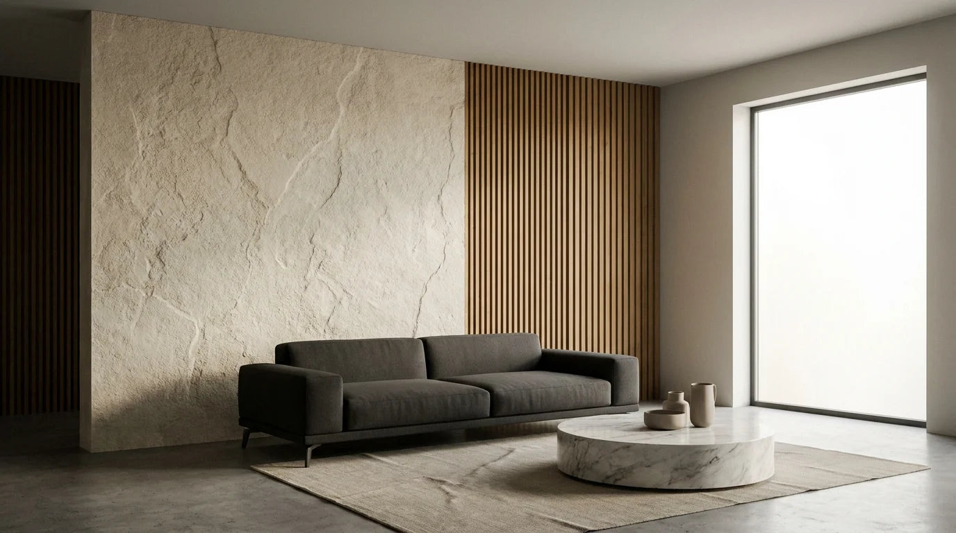 Modern Interior with PU Stone and WPC Wall Panels